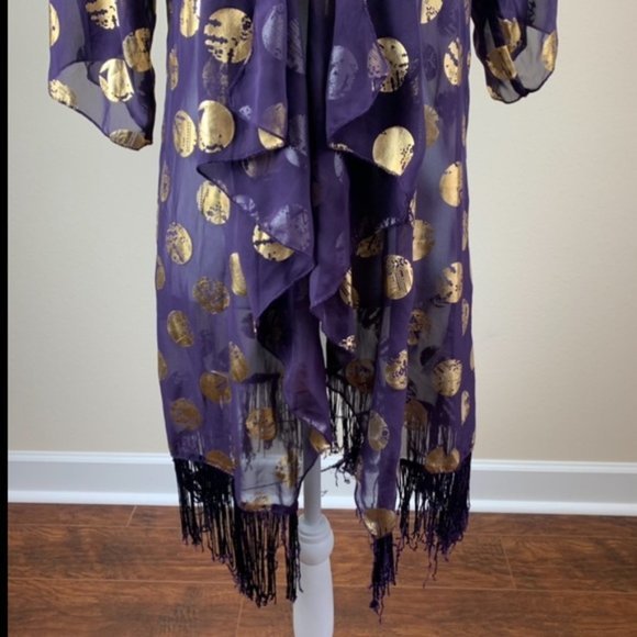 LulaRoe Purple & Gold Polka Dot Fringe Boho Kimono‎ small - Picture 9 of 16